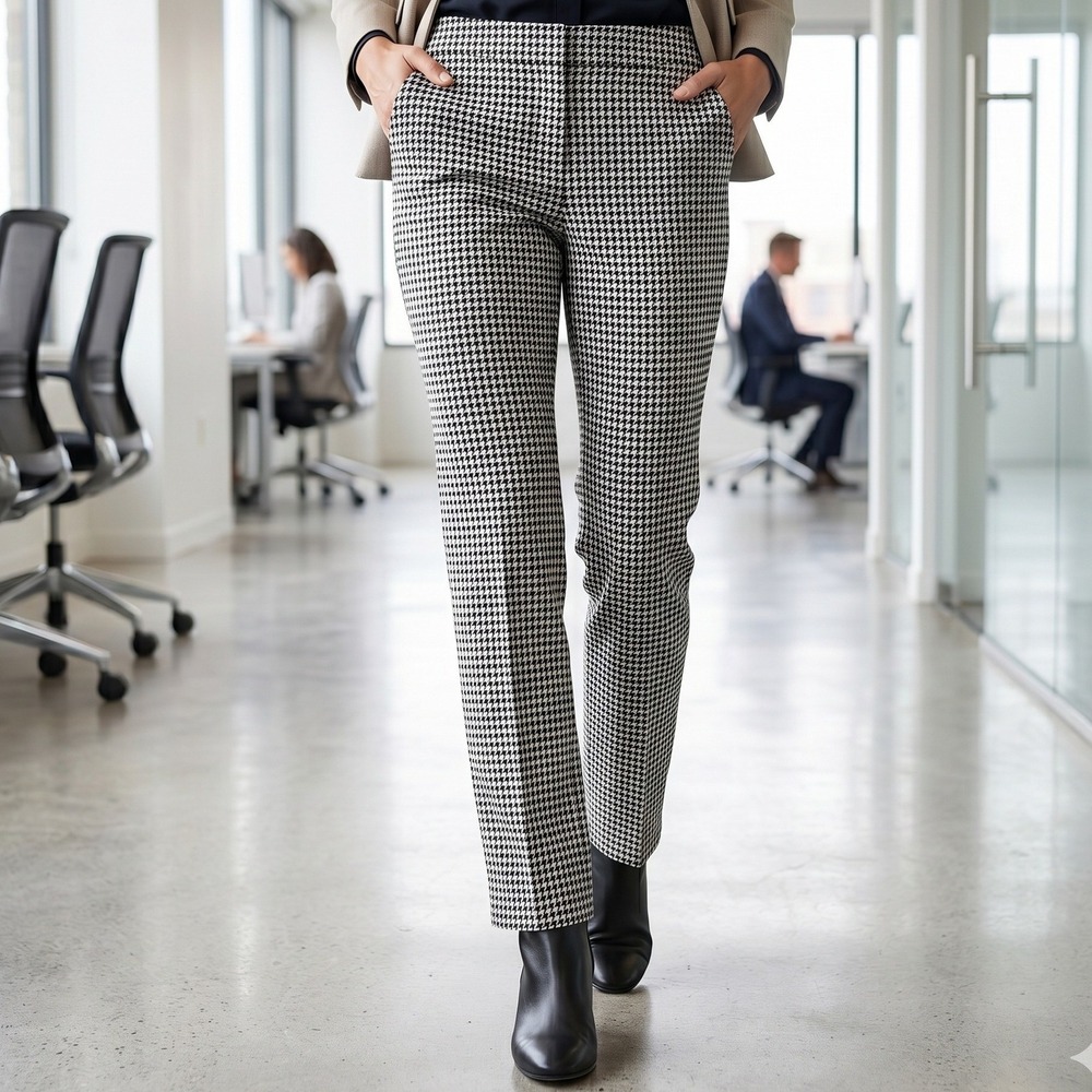 CeCe Dress Pants Women 10 Black White Houndstooth Stretch Ankle Career Trousers